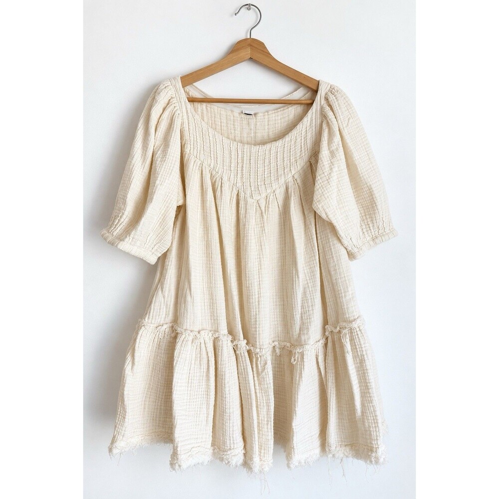 Free People Ivory Gauze Mini Dress Size S Cotton Boho Cottagecore Tiered